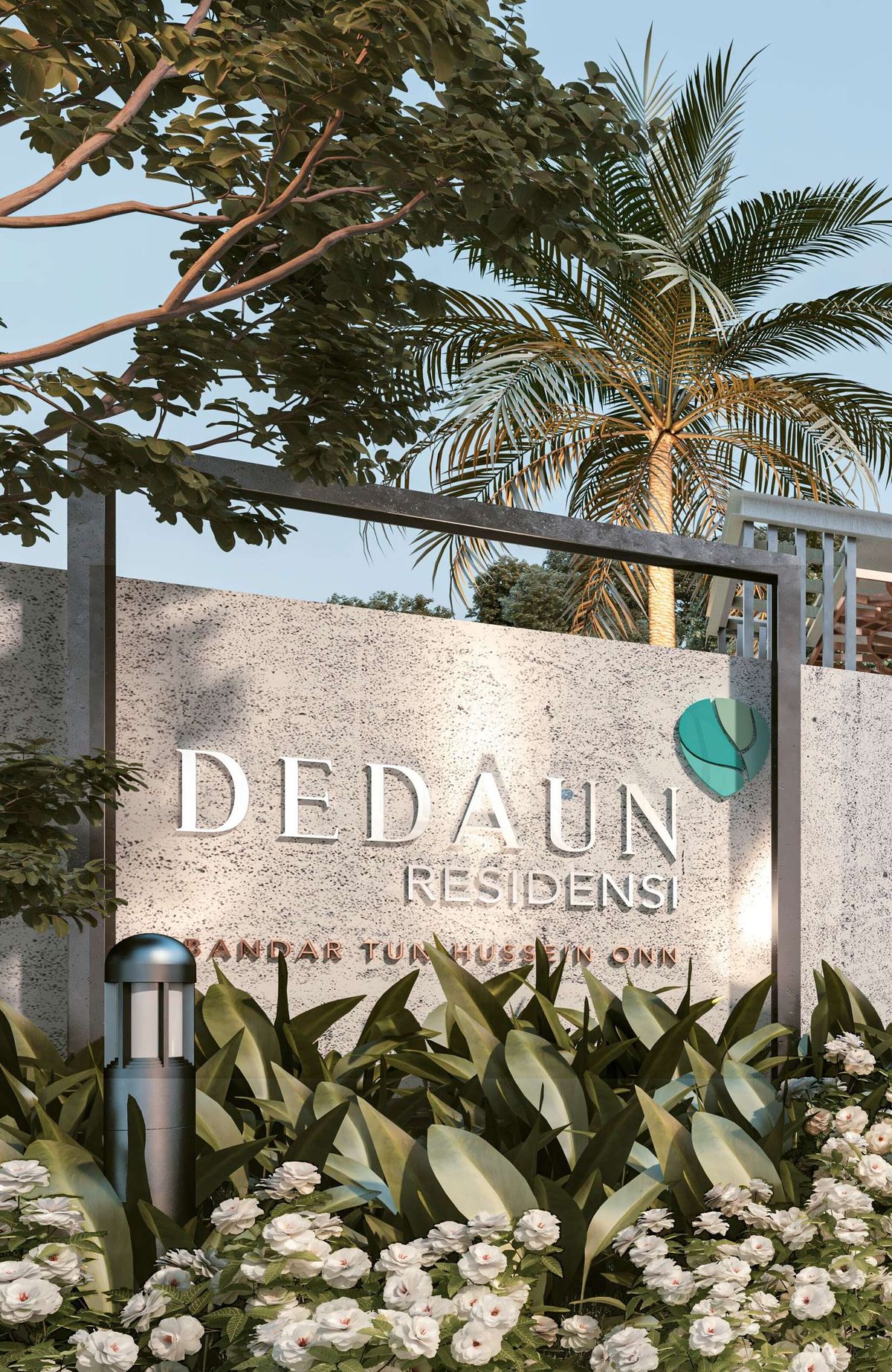Dedaun Residensi entrance signage and landscaped arrival