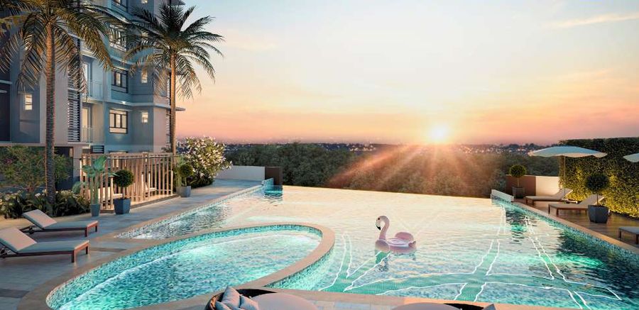 Sunset over the pool at Dedaun Residensi