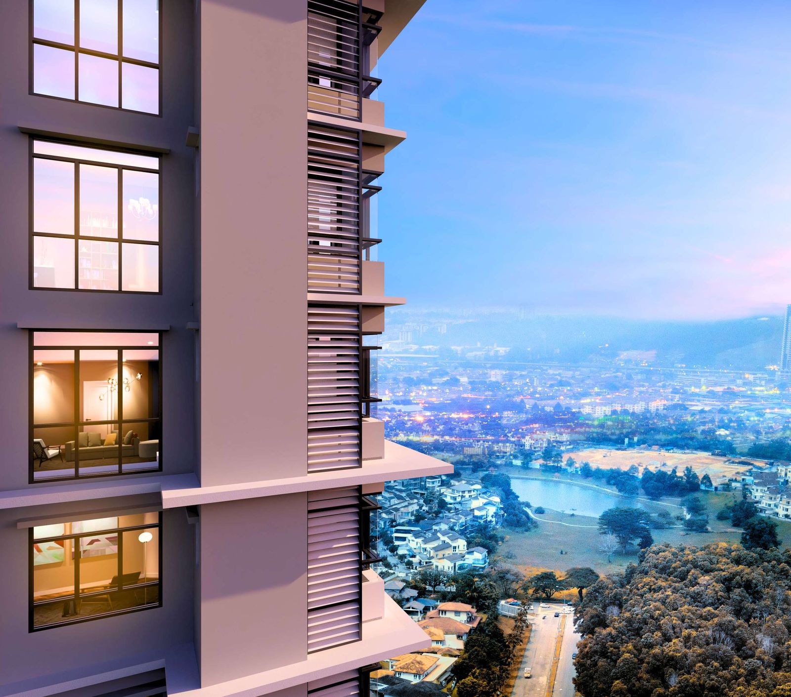Dedaun Residensi facade at dusk overlooking the lake park