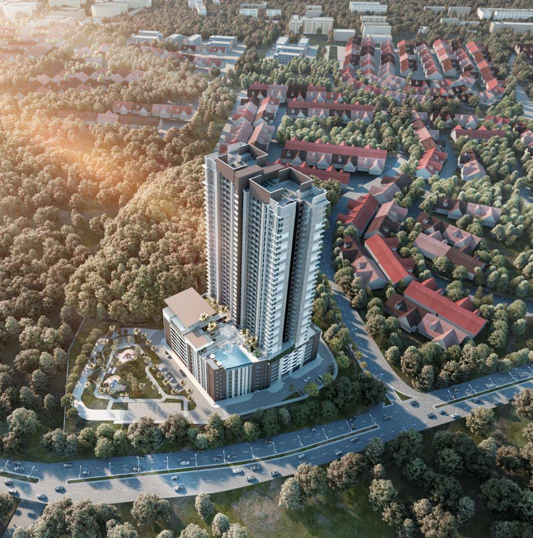 Aerial view of Dedaun Residensi tower amid greenery along Jalan Suadamai 10/1