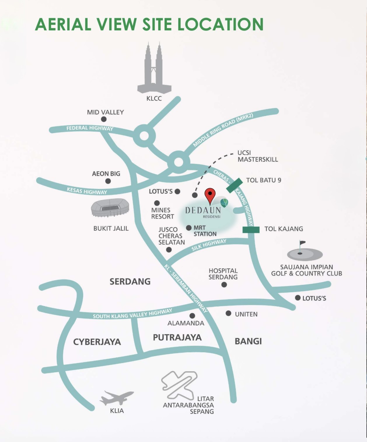 Location map of Dedaun Residensi showing highways, MRT and landmarks around Cheras