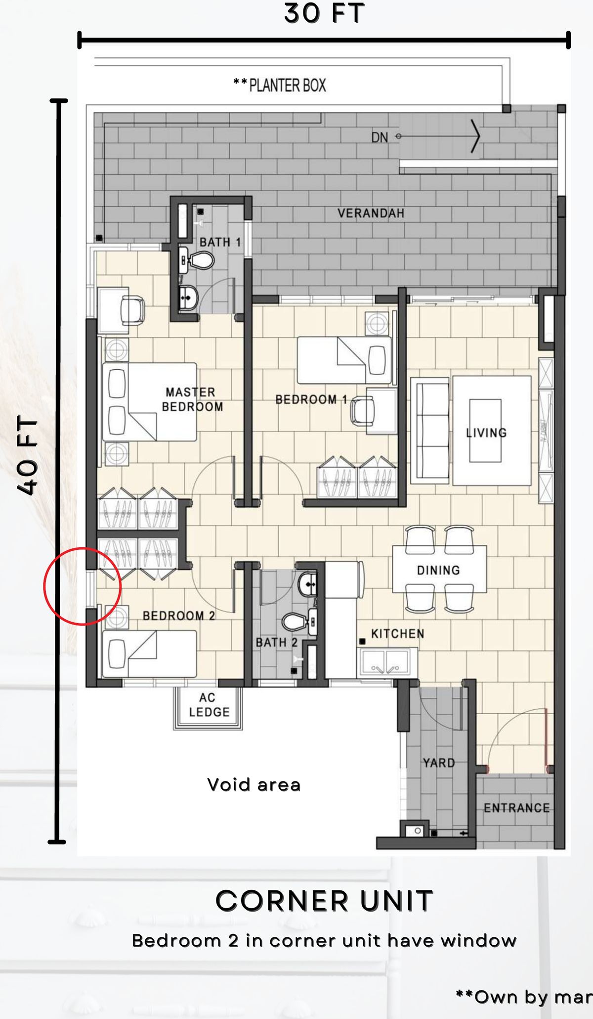 1,160 sq ft corner premium unit floor plan